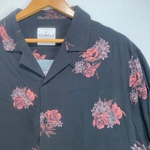 YoungLA Mens Large Black Floral Viscose Short Sleeve Camp Collar Shirt L